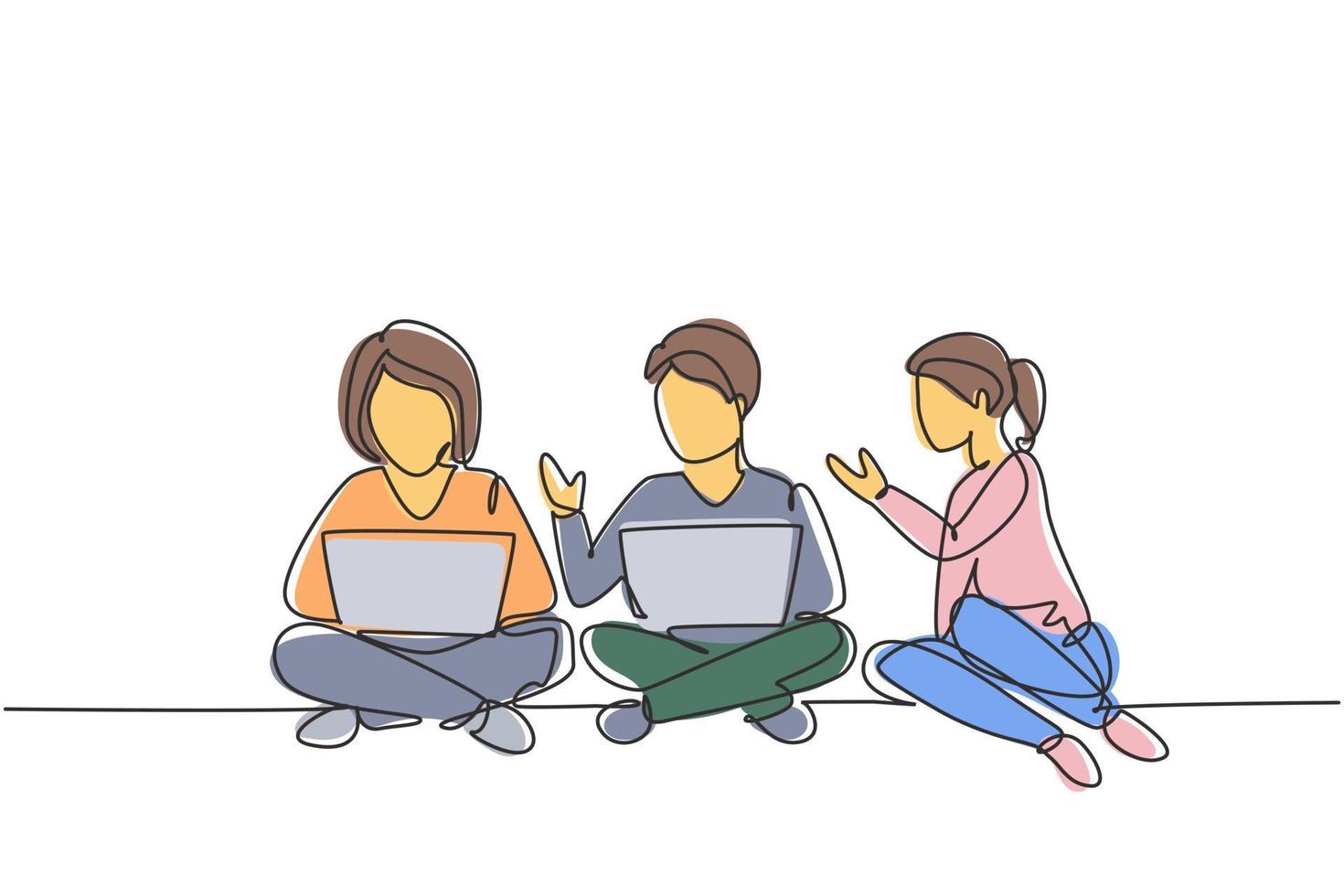 un'unica linea continua che disegna tre studenti che studiano con il laptop e si siedono sul pavimento insieme. ritorno a scuola, concetto di educazione online. illustrazione vettoriale di disegno grafico di disegno grafico di una linea dinamica