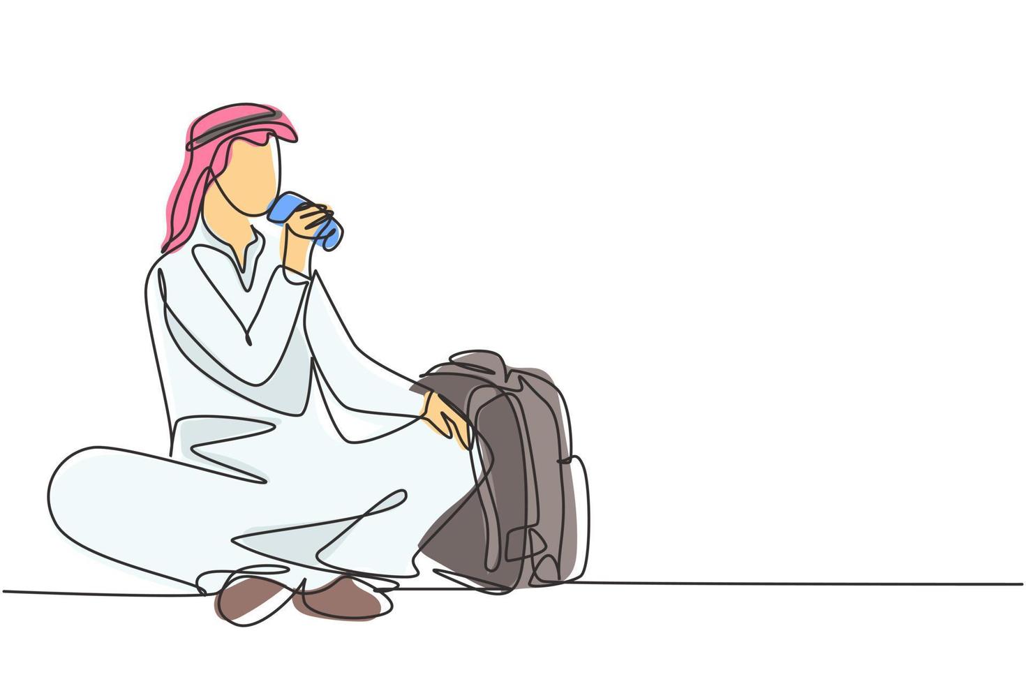 singolo disegno a tratteggio giovane uomo arabo seduto mentre si gode una bibita per rinfrescare e rilassare il corpo. concetto di adolescente attraente. illustrazione vettoriale grafica di disegno di disegno di linea continua moderna
