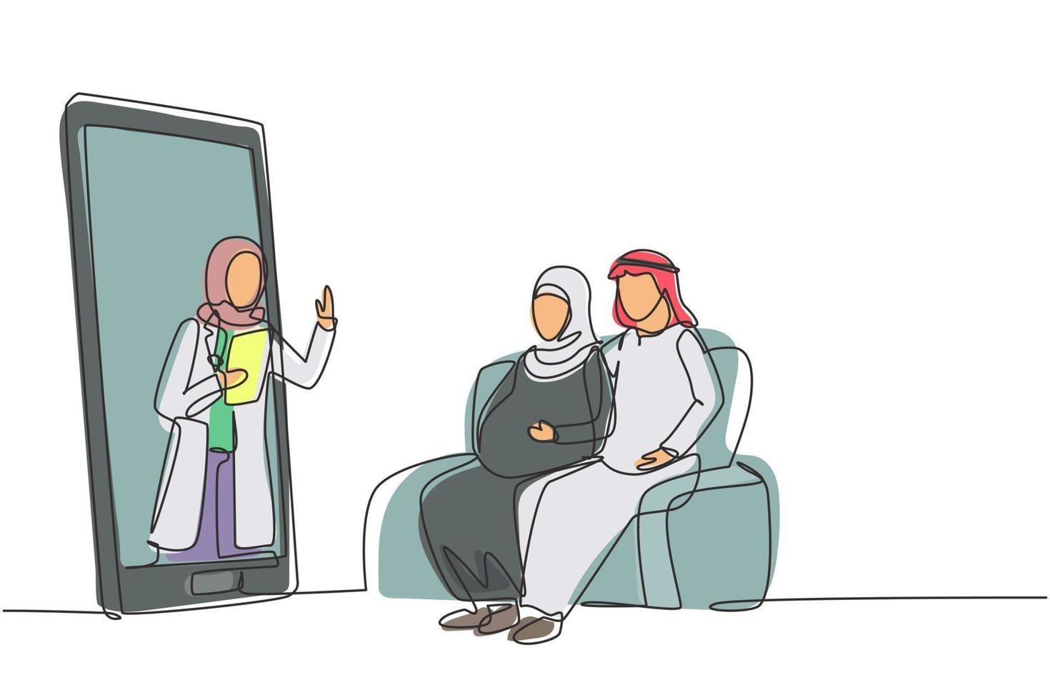 la dottoressa hijab continua a disegnare una linea esce dallo schermo dello smartphone di fronte al paziente e dà consulenza al paziente giovane coppia con moglie incinta. grafica vettoriale di design a linea singola