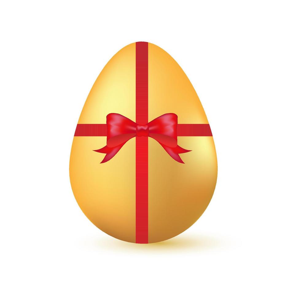 realistico d'oro Pasqua uovo con rosso nastro e arco su bianca sfondo. per cartolina, carta, invito, manifesto, bandiera modello lettering tipografia. le stagioni saluti. vettore illustrazione