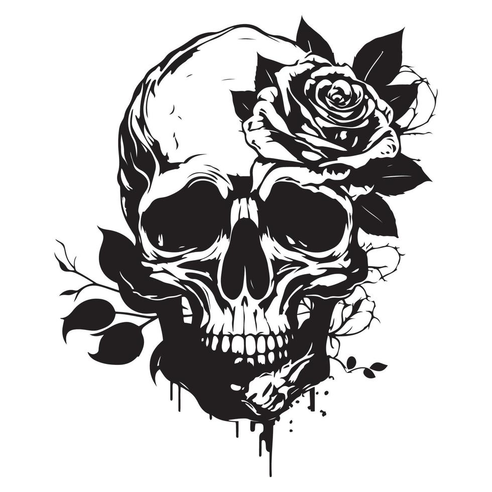 cranio con rosa fiore nero schema vettore. umano cranio con rosa schizzo disegno, tatuaggio vettore illustrazione isolato su bianca sfondo