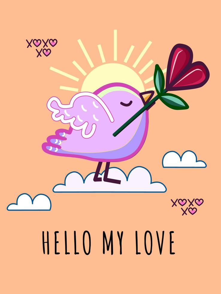 Ciao mio amore. vettore illustrazione di un' cartone animato rosa uccello con un' fiore nel il modulo di un' cuore, con testo su il sfondo, un' attraversare e un' zero, nuvole e un' sole.isolato arancia sfondo.