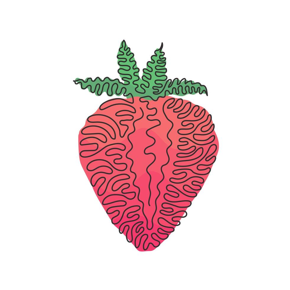 disegno continuo di una linea di fragole organiche sane affettate per l'identità del logo del frutteto. frutti di bosco freschi per l'icona del giardino di frutta. stile ricciolo ricciolo. illustrazione vettoriale di disegno a linea singola