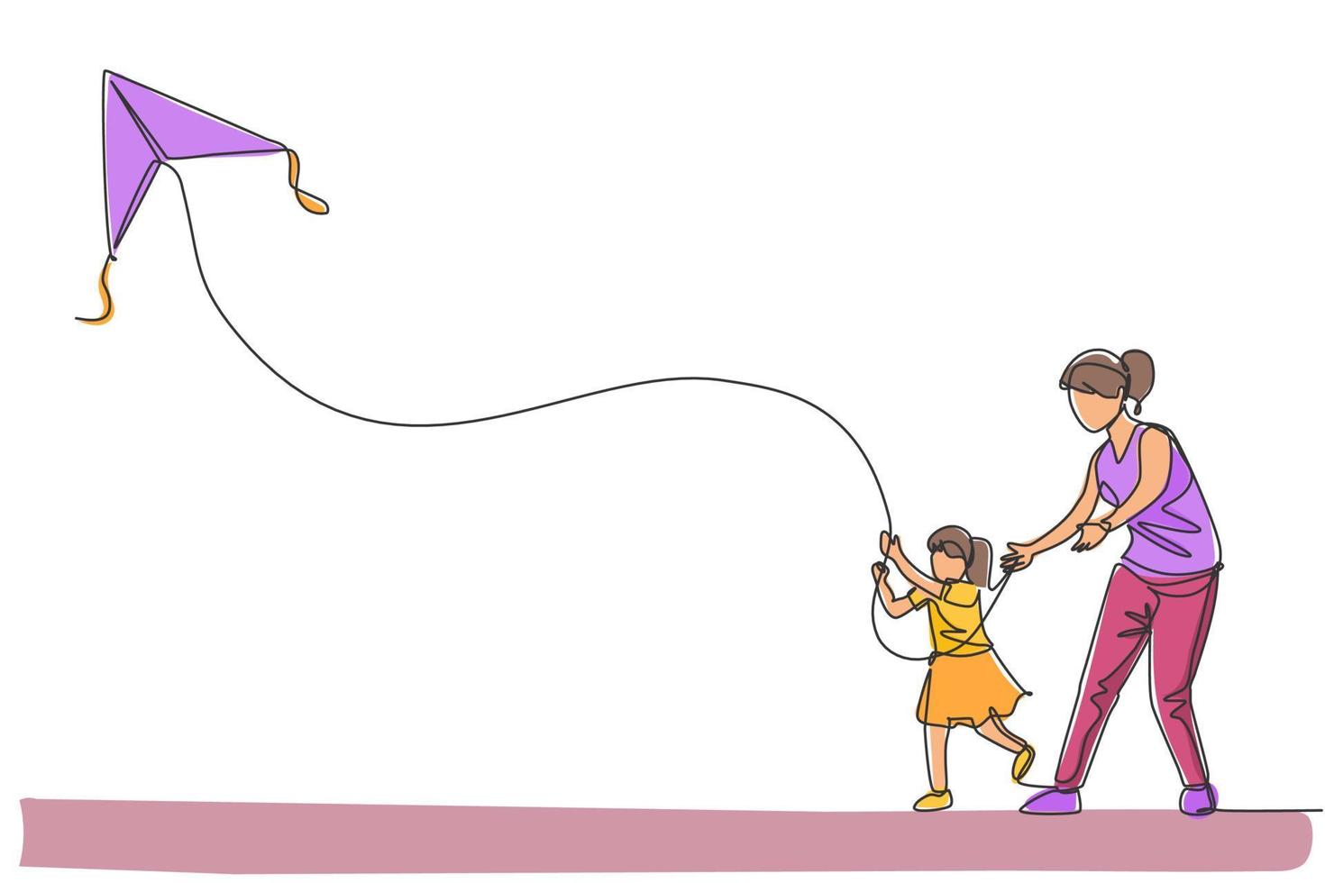 un disegno a tratteggio continuo di una giovane madre e di sua figlia che giocano a far volare l'aquilone nel cielo in un campo all'aperto. concetto di genitorialità familiare felice. illustrazione vettoriale di disegno dinamico a linea singola