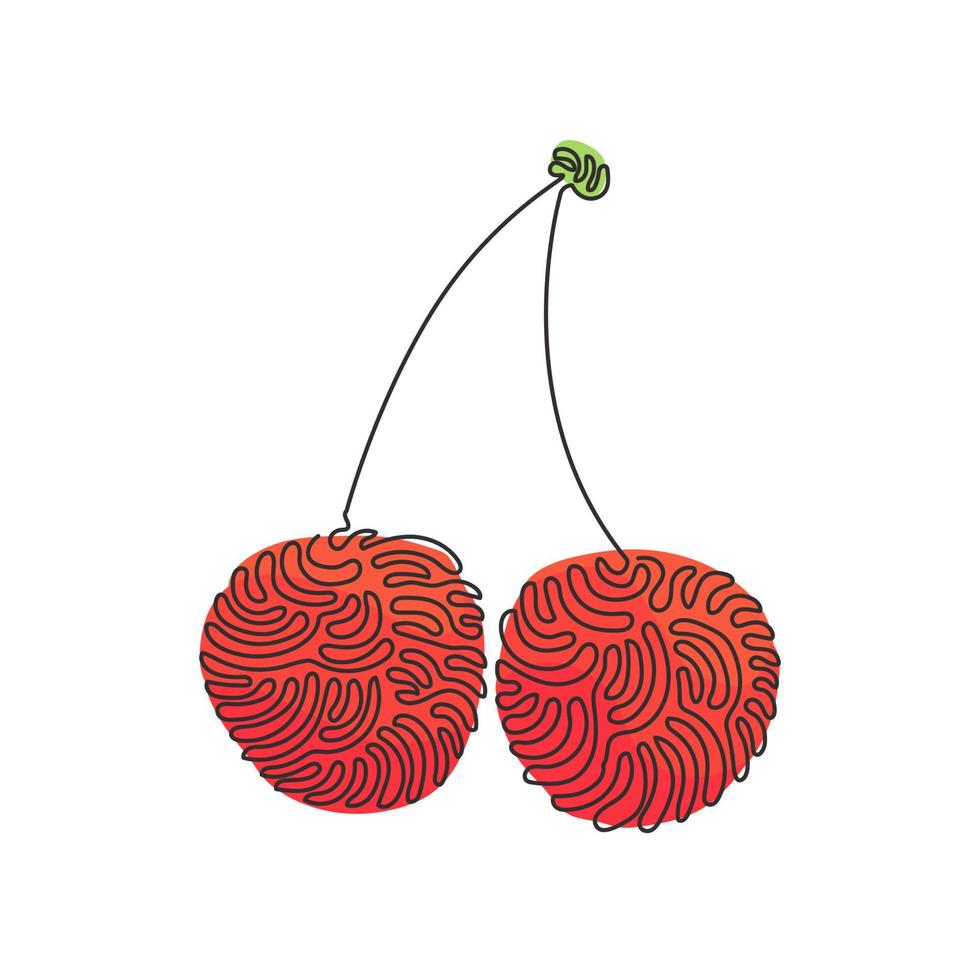 una sola linea che disegna intere ciliegie biologiche sane per l'identità del logo del frutteto. concetto di frutta fresca per l'icona del giardino di frutta. stile ricciolo ricciolo. illustrazione vettoriale di disegno di disegno di linea continua
