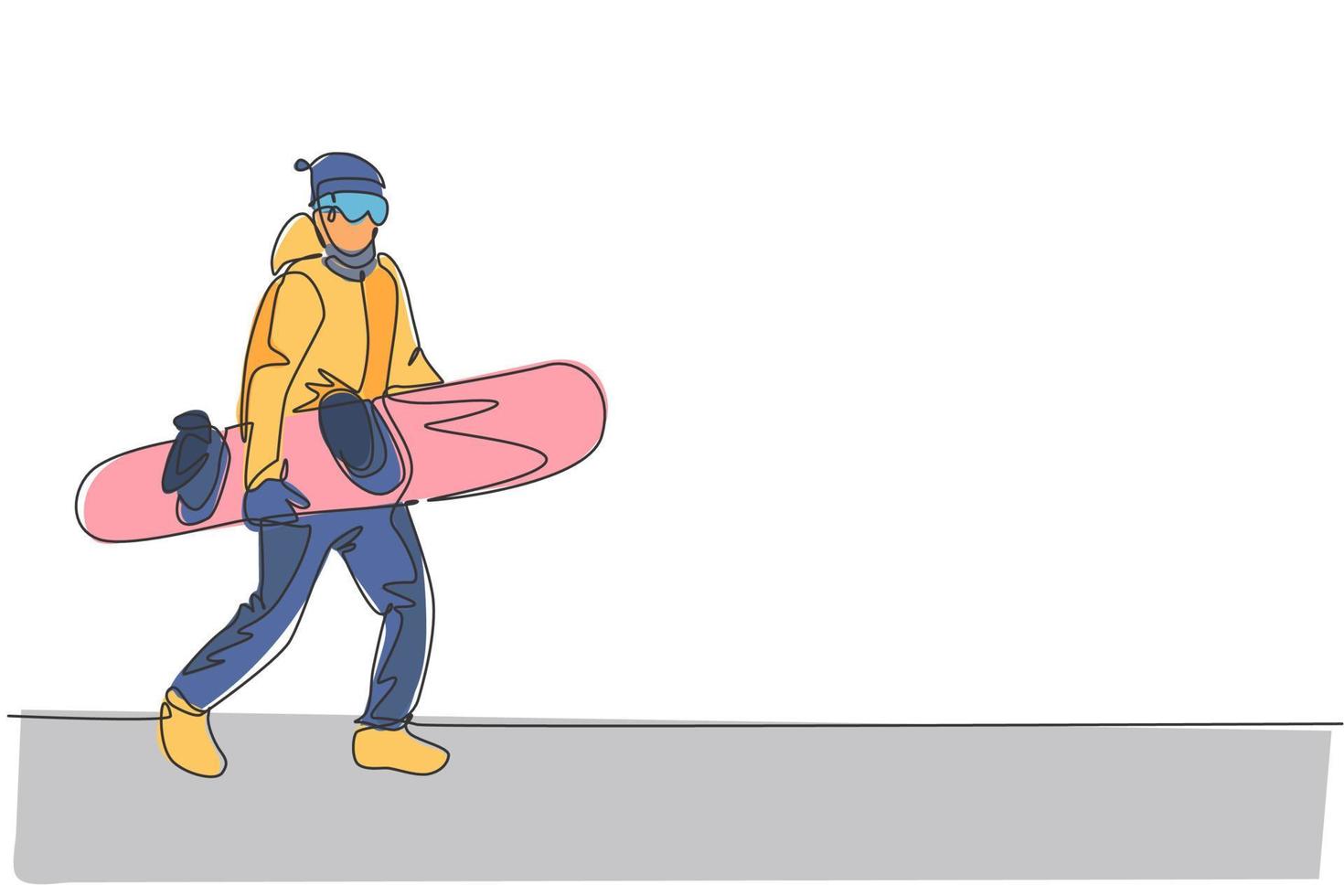 disegno a linea continua di un giovane snowboarder sportivo cammina e tiene lo snowboard in montagna. sport estremo all'aperto. concetto di vacanza di stagione invernale. illustrazione vettoriale di disegno di una linea di disegno