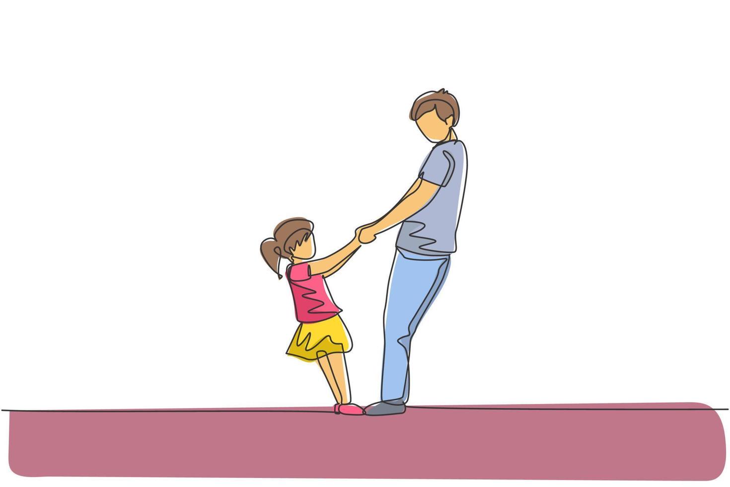 una singola linea che disegna un giovane papà felice e sua figlia che si tengono per mano e ballano insieme a casa grafica vettoriale illustrazione. concetto di educazione alla genitorialità familiare. design moderno a linea continua