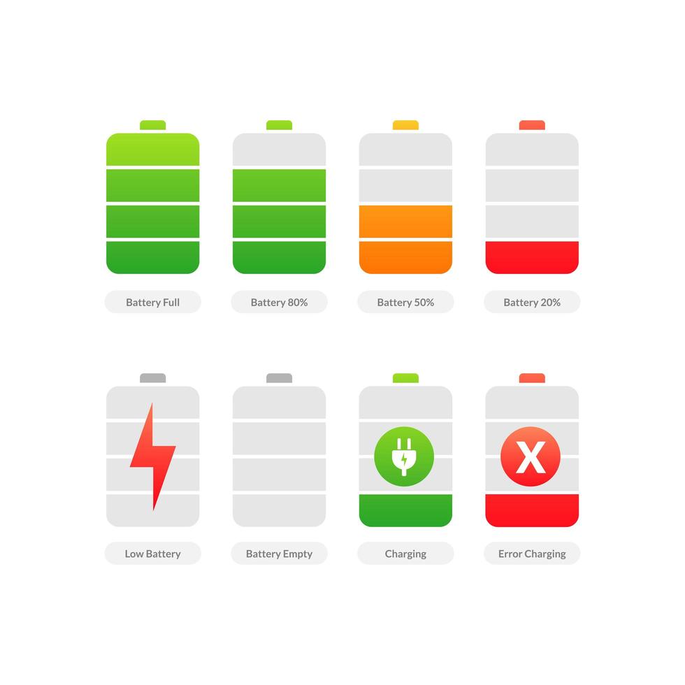 indicatori del livello di carica della batteria. smartphone con batteria scarica e completamente carica. vettore