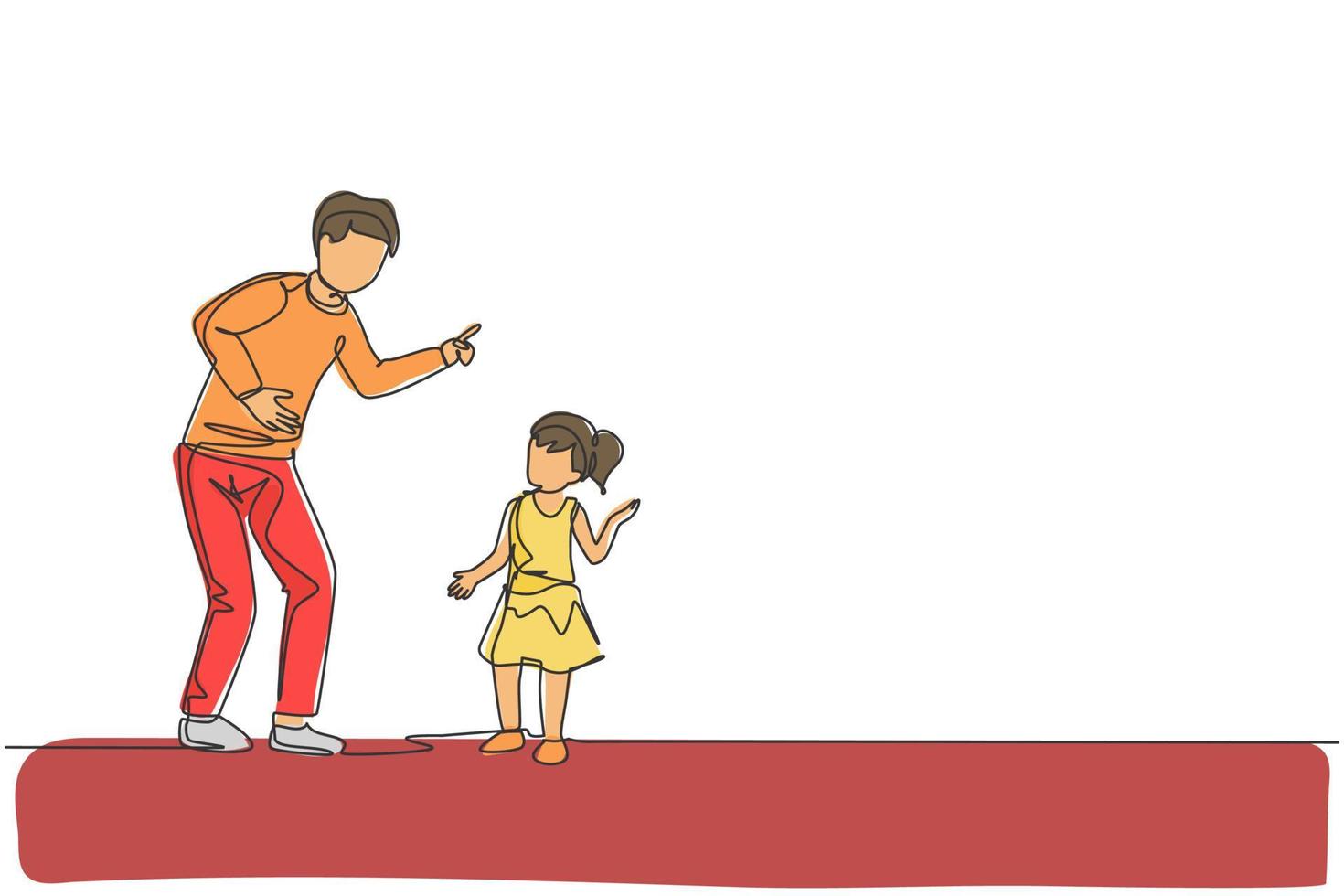 un unico disegno a tratteggio del giovane papà che dà un buon consiglio a sua figlia a casa illustrazione grafica vettoriale. concetto di comunicazione. genitorialità felice della famiglia. design moderno a linea continua vettore