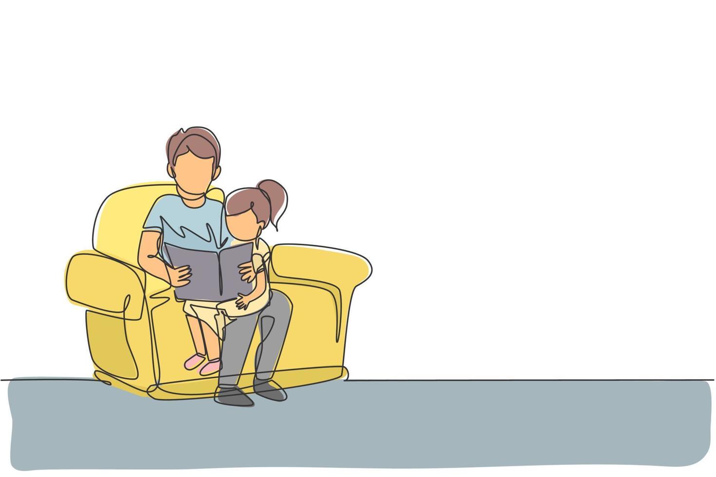 una linea continua che disegna un giovane papà seduto sul divano e legge un libro di fiabe a sua figlia a casa, la vita familiare. concetto di genitorialità felice. illustrazione grafica vettoriale di disegno dinamico a linea singola