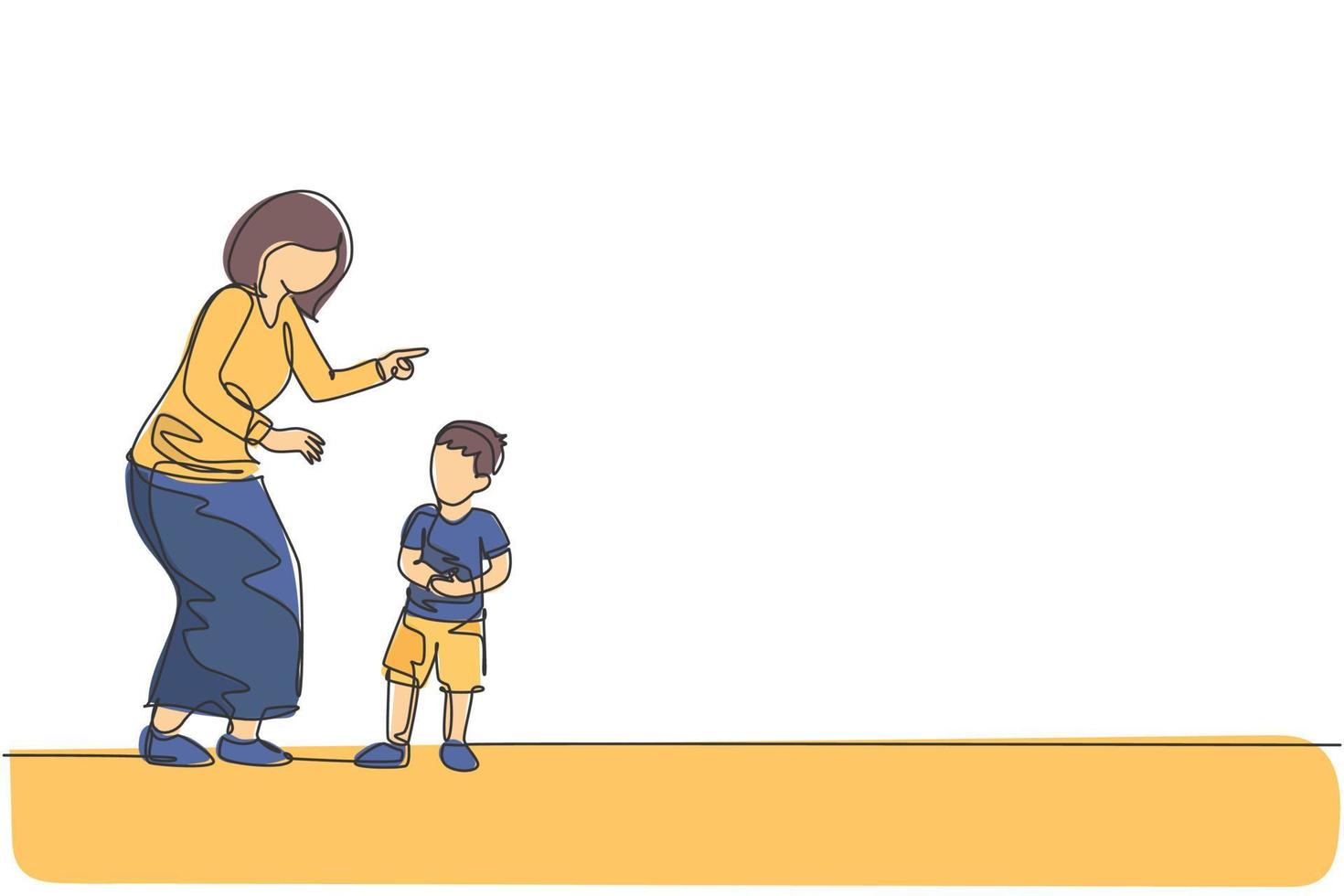 un unico disegno a tratteggio della giovane madre che dà un buon consiglio a suo figlio a casa illustrazione grafica vettoriale. concetto di comunicazione. genitorialità felice della famiglia. design moderno a linea continua vettore