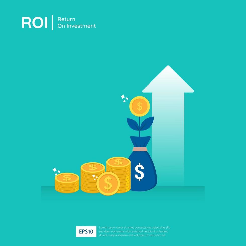 ritorno sull'illustrazione di vettore di progettazione di investimento. concetto di opportunità di profitto. frecce di crescita aziendale per il successo. freccia con monete della pianta del dollaro, grafico e aumento del grafico.