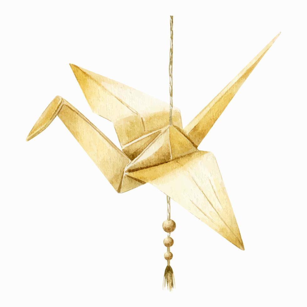 giapponese carta gru. il tradizionale origami gru è beige nel colore. acquerello illustrazione. bellissimo carino mano disegnato pittura per decorazione, cartoline. asiatico cultura vettore