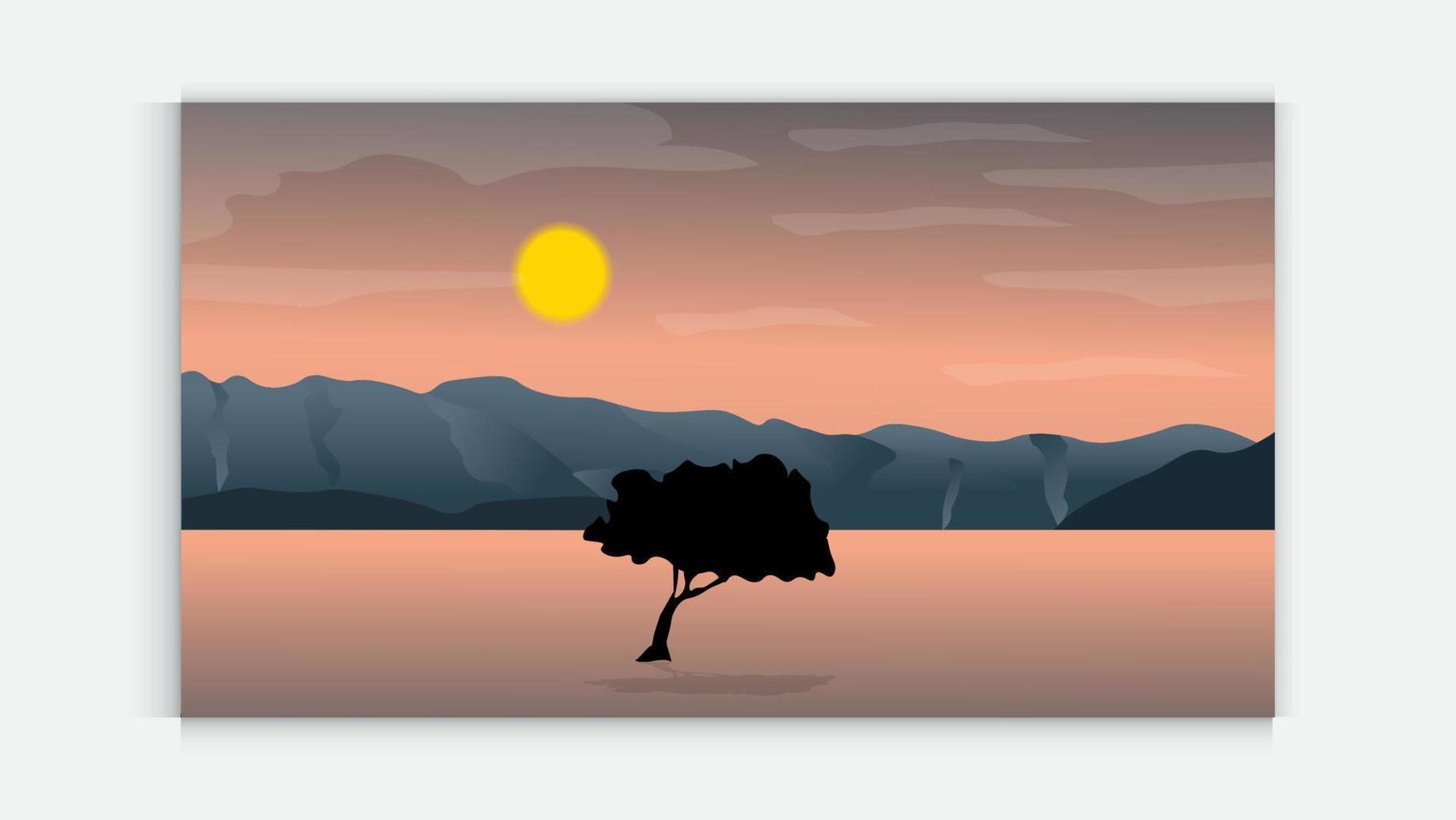 panorama di mare tramonto o oceano Alba. vettore illustrazione colorato tramonto nel selvaggio valle. ventoso cielo. Marrone toni.