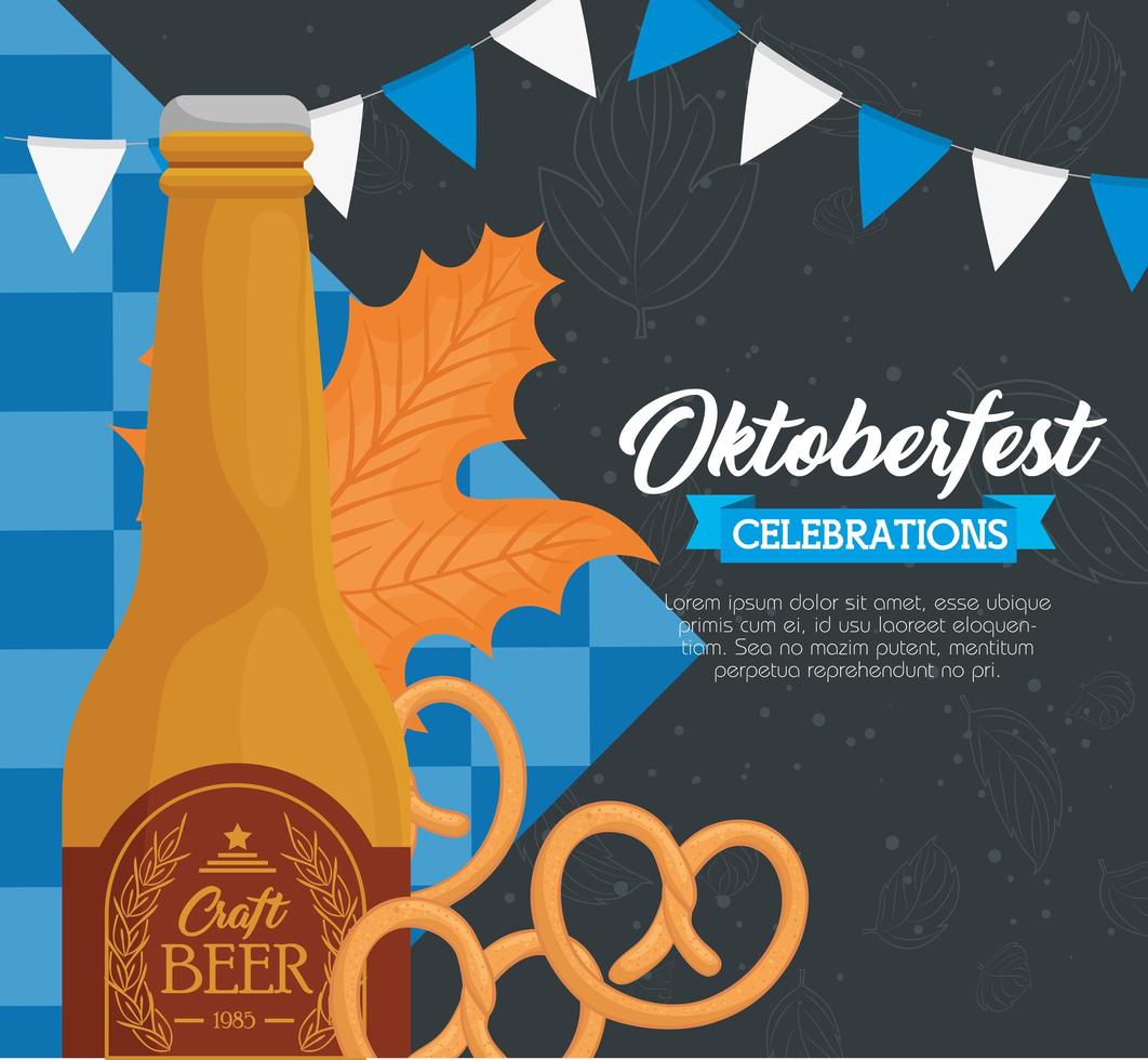 banner celebrazione oktoberfest con bottiglia di birra artigianale e decorazioni vettore