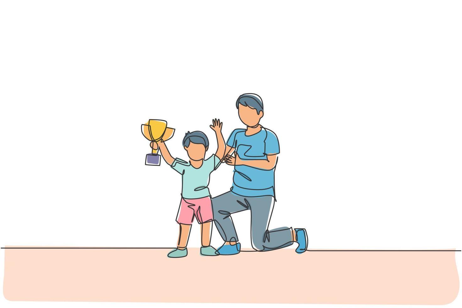 un giovane papà che disegna una linea continua si congratula con suo figlio che ha vinto il trofeo per il primo posto al concorso di studio. concetto di genitorialità familiare felice. illustrazione vettoriale di disegno grafico di disegno grafico a linea singola dinamica