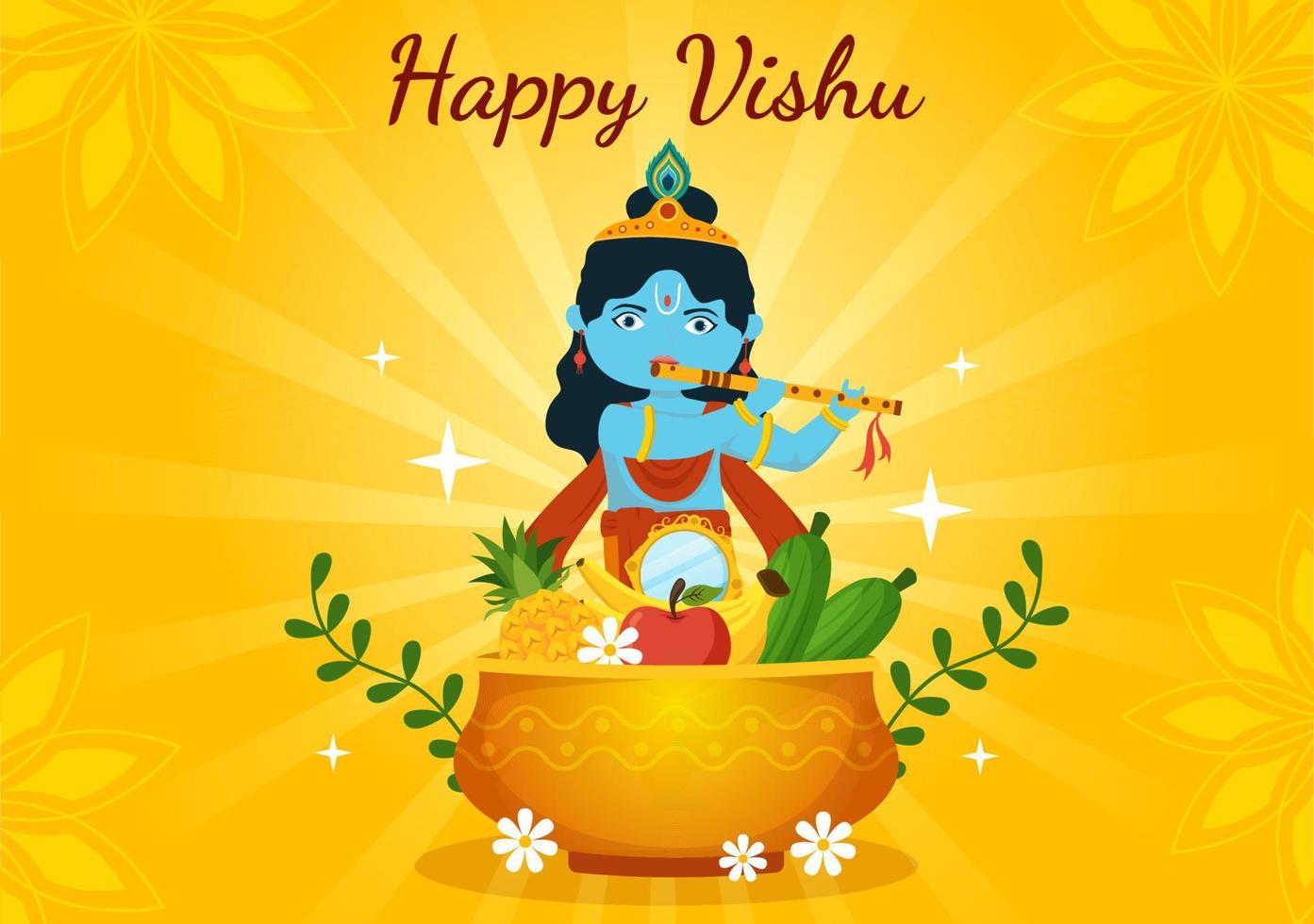 contento vishu Festival illustrazione con tradizionale kerala Kani, frutta e verdure per atterraggio pagina nel piatto cartone animato mano disegnato modelli vettore