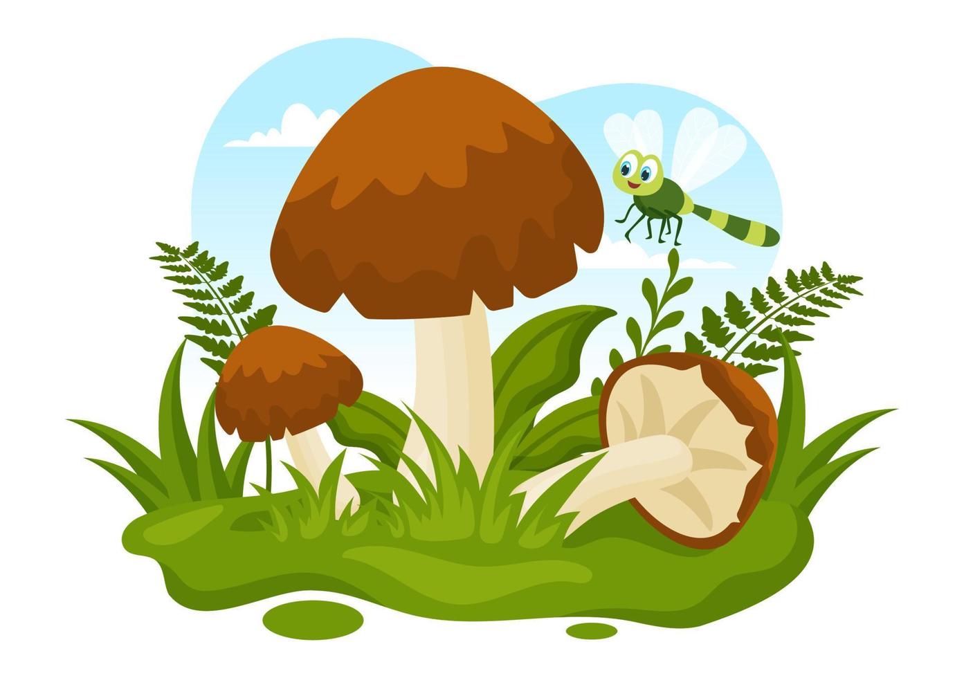 funghi illustrazione con diverso fungo, erba e insetti per ragnatela bandiera o atterraggio pagina nel piatto cartone animato mano disegnato modelli vettore