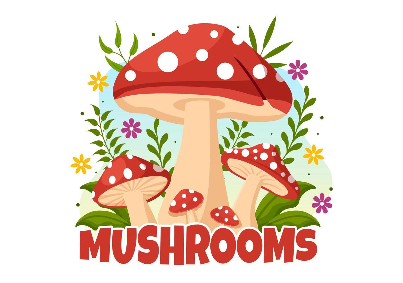 funghi illustrazione con diverso fungo, erba e insetti per ragnatela bandiera o atterraggio pagina nel piatto cartone animato mano disegnato modelli vettore