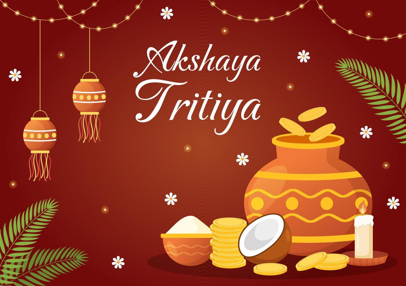 akshaya tritiya Festival illustrazione con un' d'oro kalash, pentola e oro monete per dhanteras celebrazione nel mano disegnato per atterraggio pagina modelli vettore