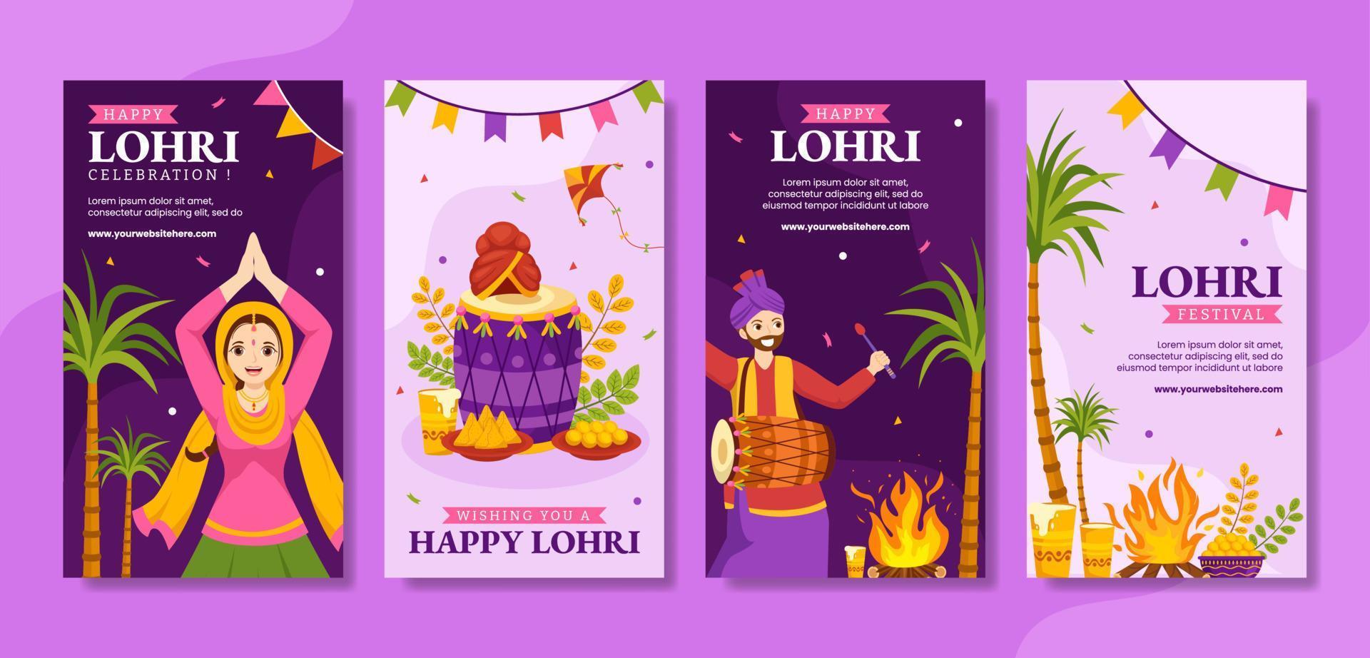 contento lohri Festival sociale media storie piatto cartone animato mano disegnato modelli sfondo illustrazione vettore