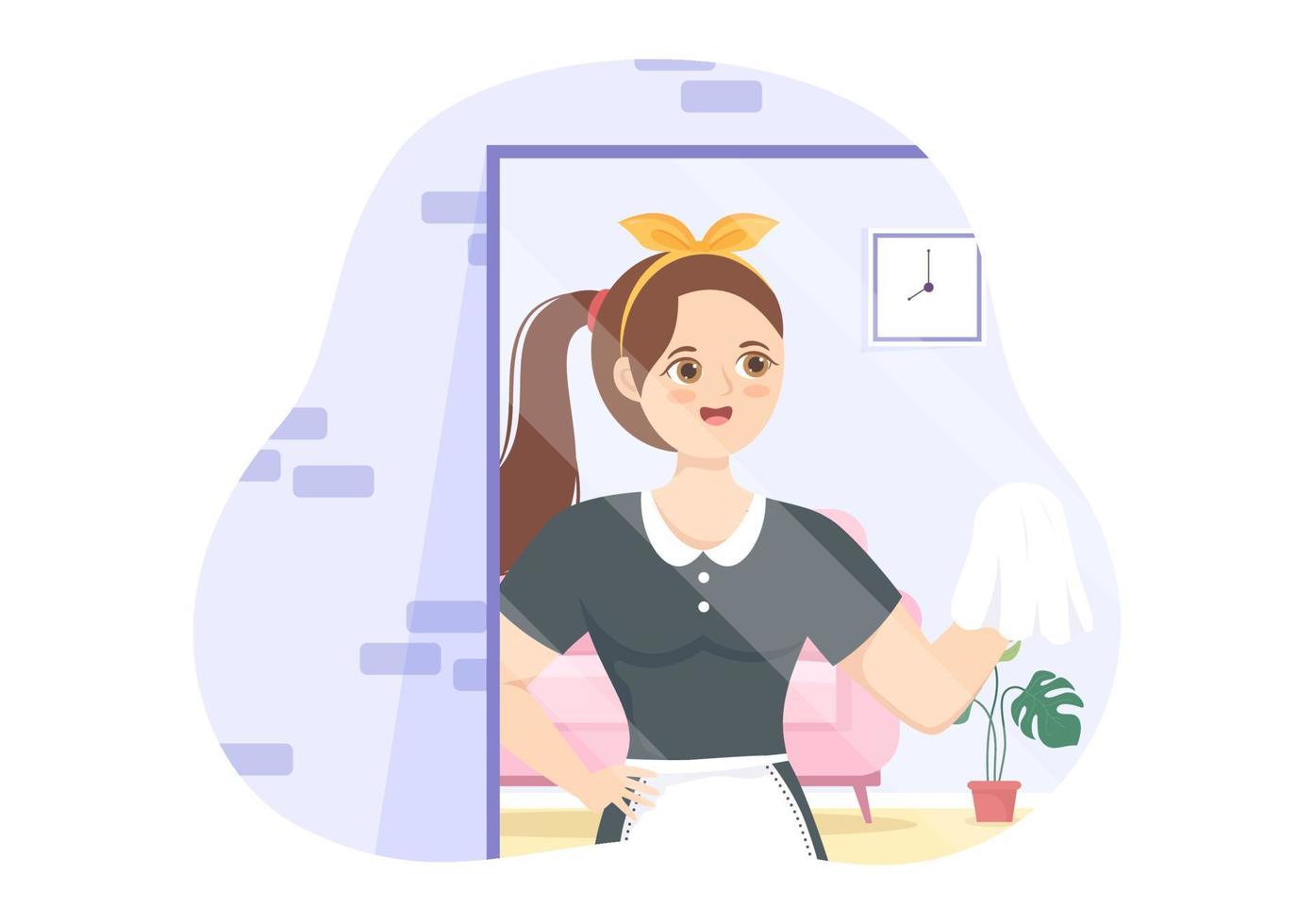 professionale ragazza domestica illustrazione di pulizia servizio indossare sua uniforme con grembiule per pulito un' Casa nel piatto cartone animato mano disegnato modelli vettore