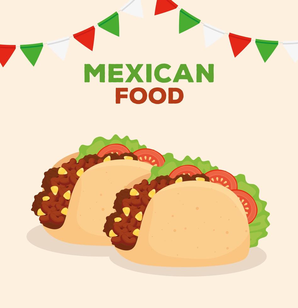 poster di cibo messicano con decorazioni di tacos e ghirlande vettore