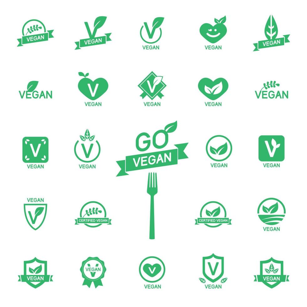 icone impostato 24 icone vegano cibo, impostato di distintivi, emblemi e francobolli vettore