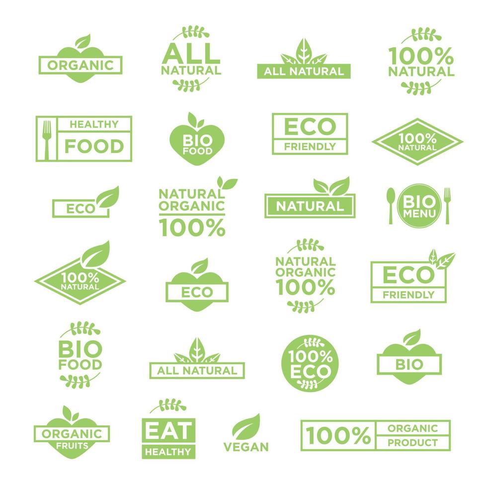 24 eco biologico bio loghi impostato di distintivi, emblemi e francobolli vettore. vegano, organico, salutare cibo. vettore