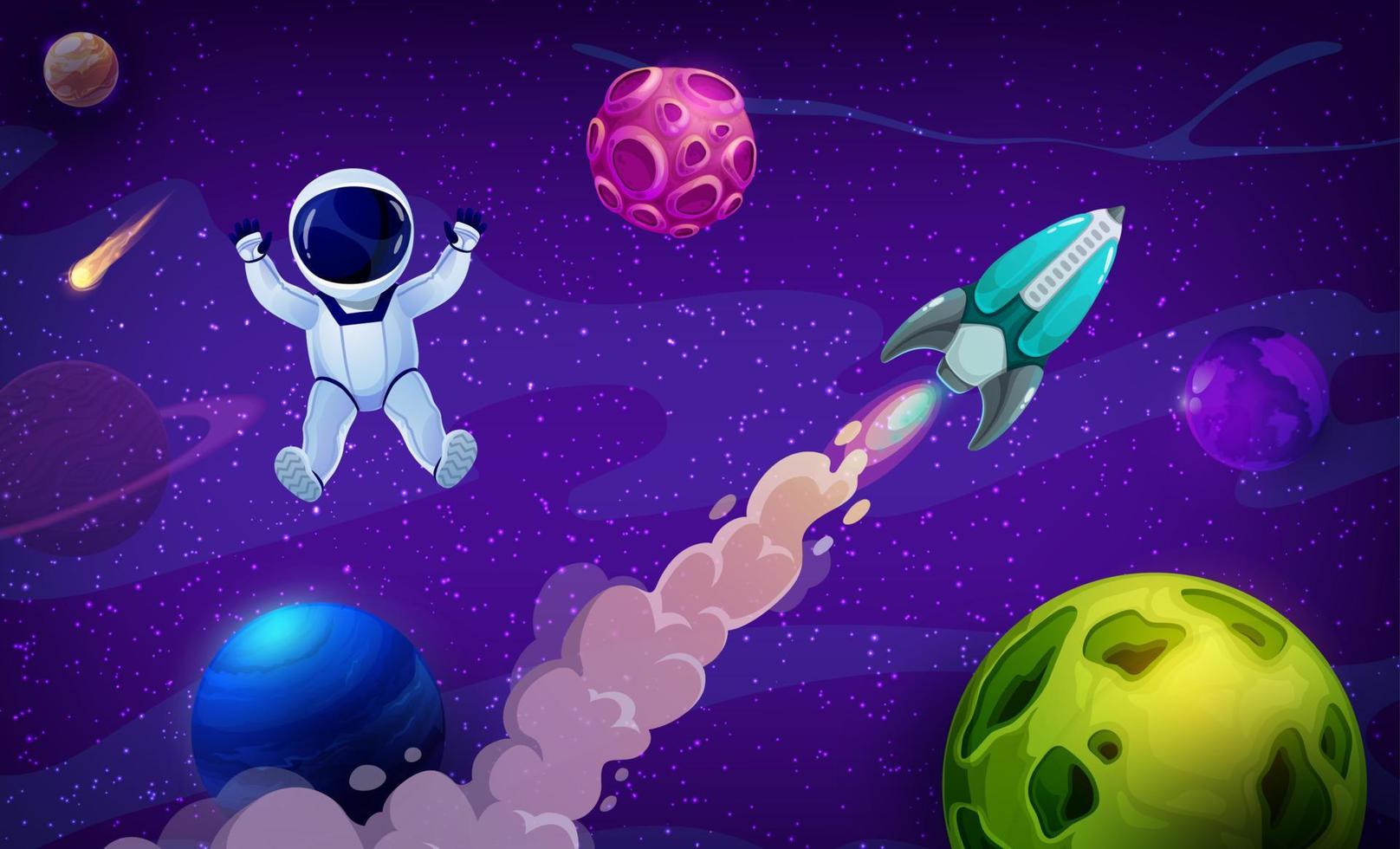 razzo navicella spaziale, pianeti e cartone animato astronauta vettore
