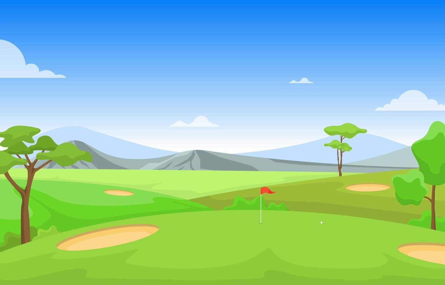 campo da golf con bandiera rossa, alberi e montagne vettore