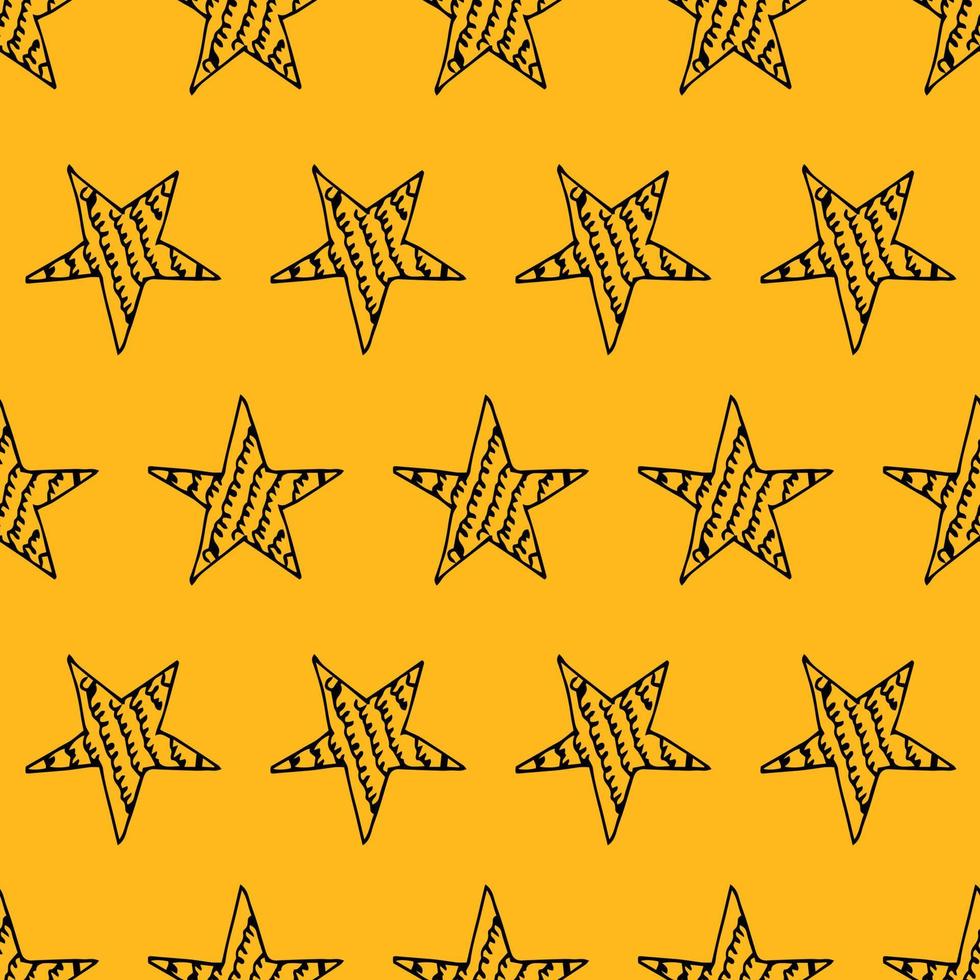 senza soluzione di continuità sfondo di scarabocchio stelle. nero mano disegnato stelle su giallo sfondo. vettore illustrazione