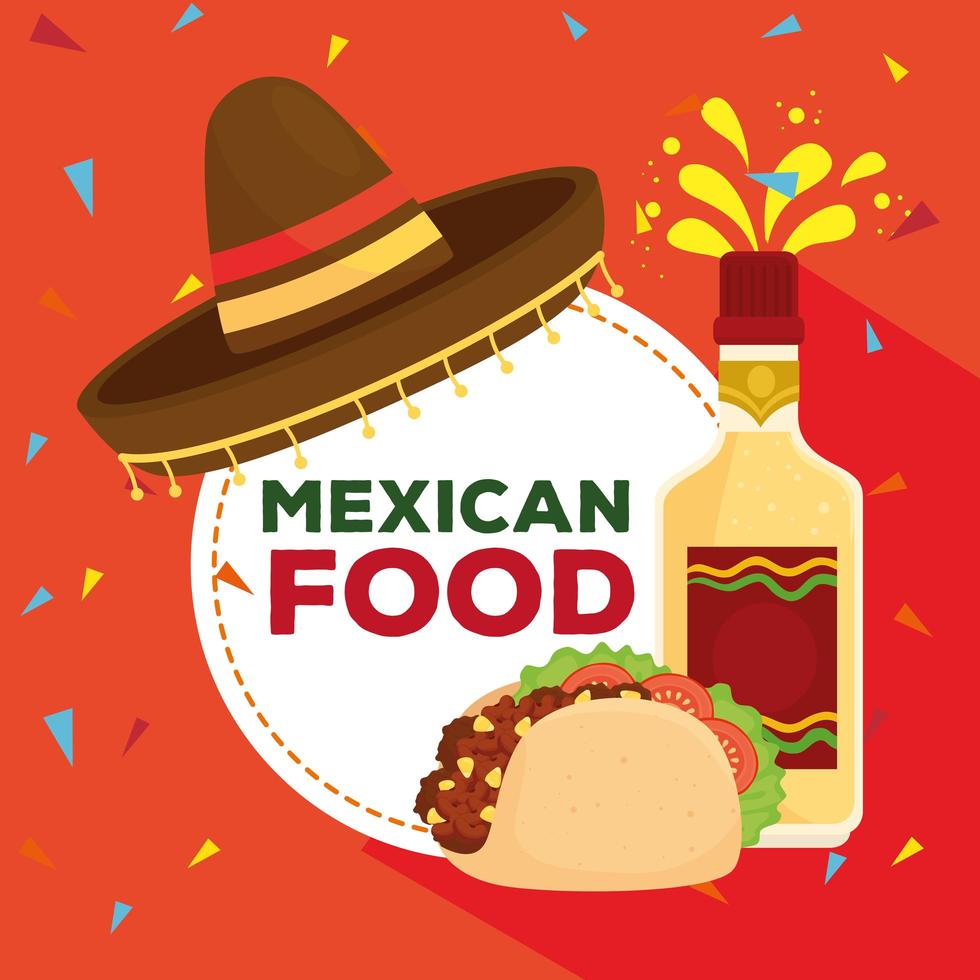 poster di cibo messicano con cappello, bottiglia di tequila e taco vettore