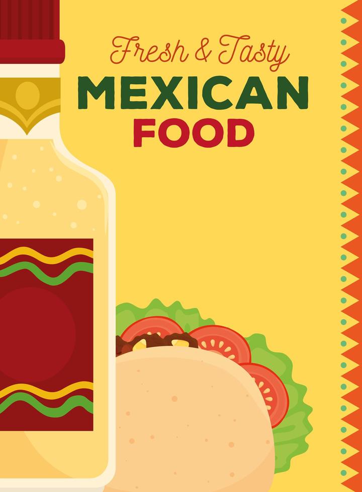 poster di cibo messicano con taco e bottiglia di tequila vettore