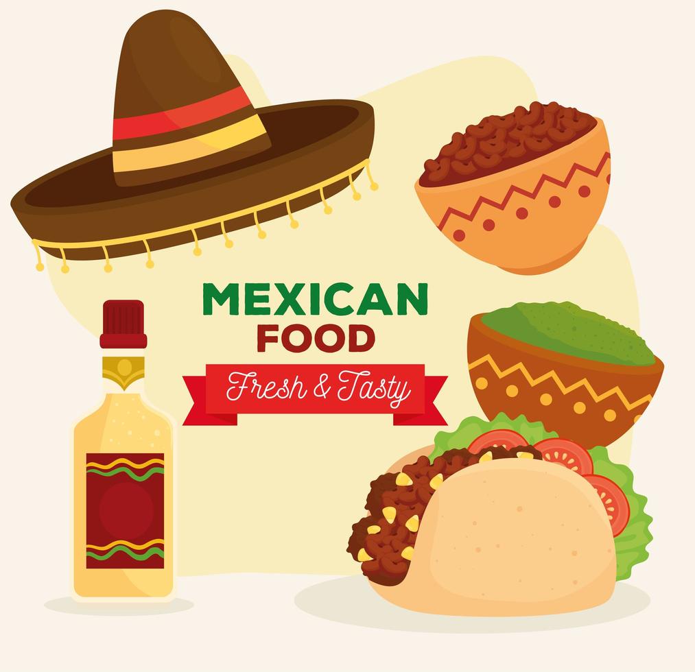 poster di cibo messicano con taco, bottiglia di tequila, cappello e ingredienti vettore