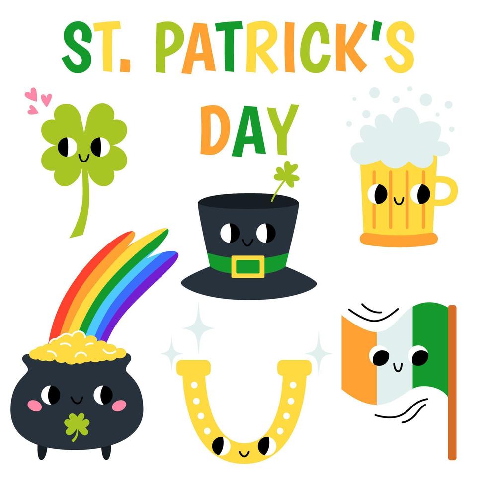 st. Patrick giorno impostare. carino Groovy retrò clipart elementi. anni '70, anni 80, anni 90 cartone animato stile. vettore illustrazione per Stampa, manifesto, striscione, adesivi.