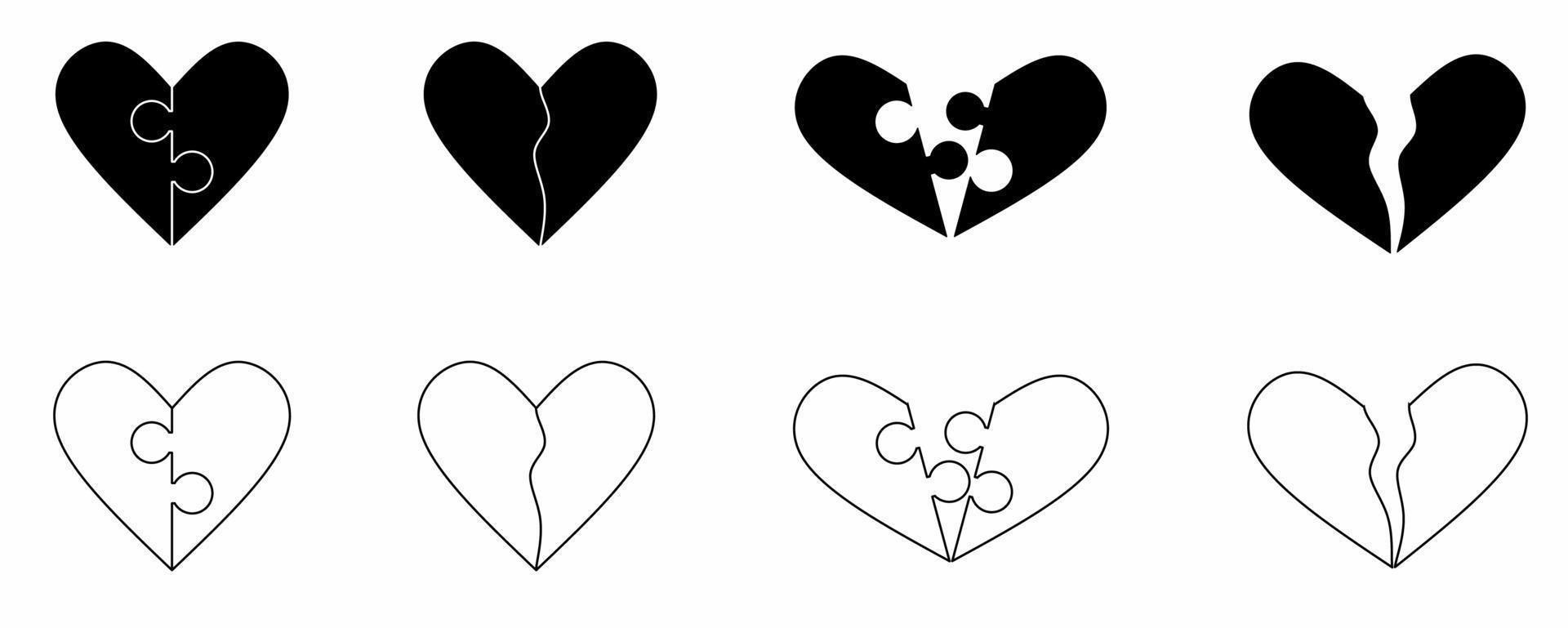 schema silhouette rotto cuore icona impostato isolato su bianca sfondo vettore
