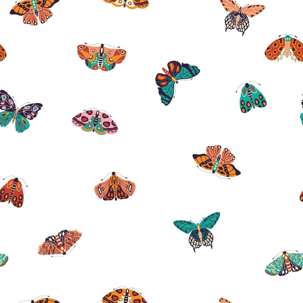 Modello senza cuciture con farfalle colorate disegnate a mano e falene su sfondo bianco. insetti volanti stilizzati, illustrazione vettoriale. vettore