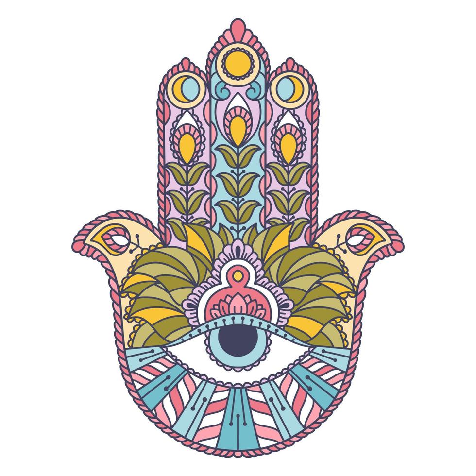 fatima mano colorato indiano simbolo. khamsa, sacro orientale cartello, bene fortuna fascino. hamsa con tutti vedendo occhio. vettore