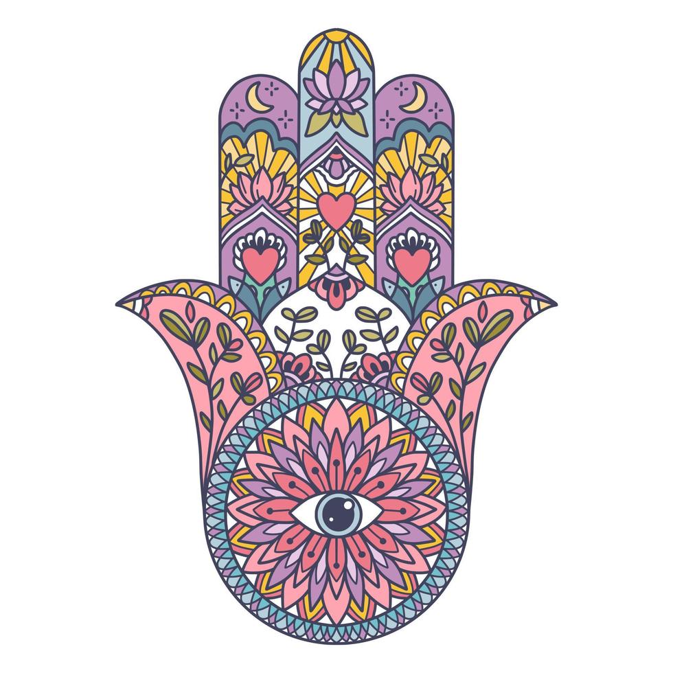 fatima mano colorato indiano simbolo. khamsa, sacro orientale cartello, bene fortuna fascino. hamsa con tutti vedendo occhio. vettore