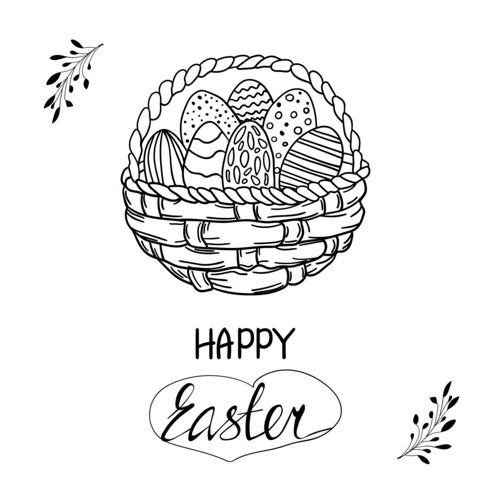 mano disegnato Pasqua uovo cestino con Pasqua scritta. contento Pasqua scarabocchio clipart - intrecciata cestino con Pasqua uova. isolato su bianca sfondo. vettore