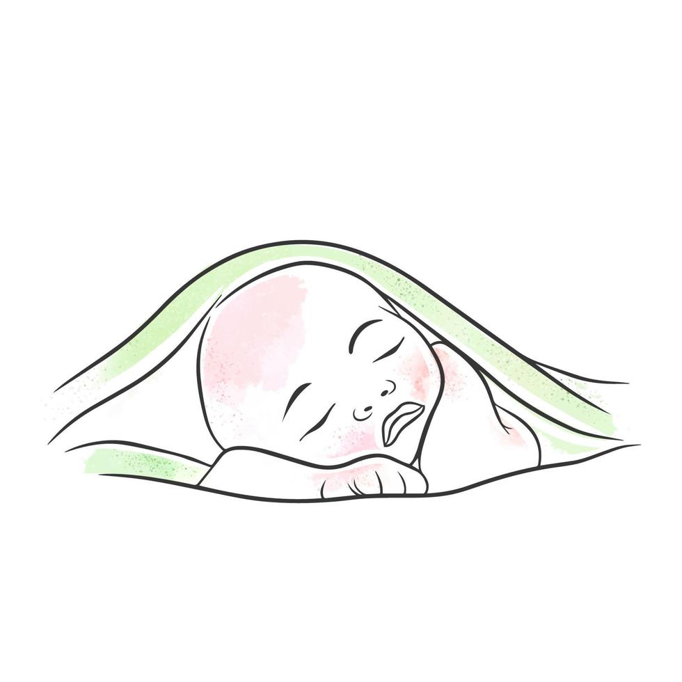 bambino neonato bambino addormentato sotto verde lenzuolo, carino bambino, bandiera decorazione, scarabocchio vettore