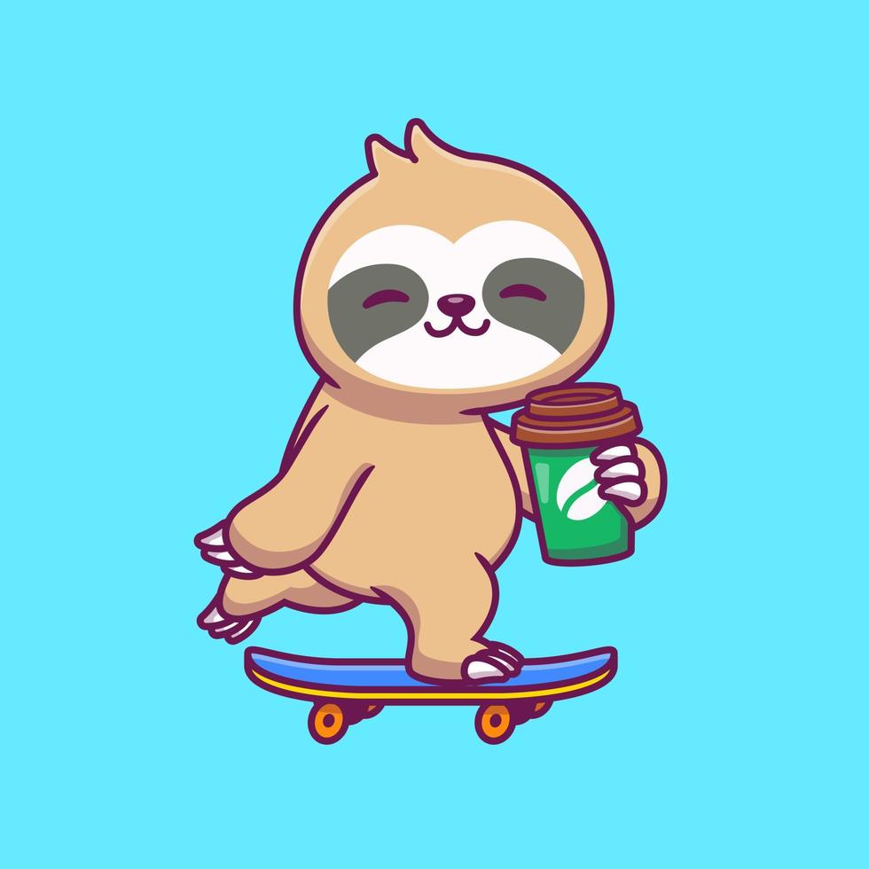 carino bradipo andare con lo skateboard e Tenere caffè cartone animato vettore icona illustrazione. animale cibo e bevanda icona concetto isolato premio vettore. piatto cartone animato stile