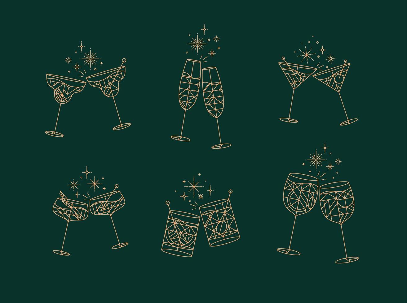 cocktail bicchieri Saluti per prosecco, vino, whisky, vermut, Gin, Martini, aperitivo, Margherita nel moderno piatto linea stile disegno su verde sfondo vettore