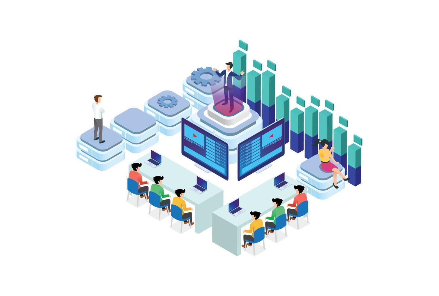 moderno isometrico inteligente in linea seminario web formazione tecnologia con ologramma persone nel nube illustrazione, nel bianca isolato sfondo con persone e digitale relazionato risorsa vettore