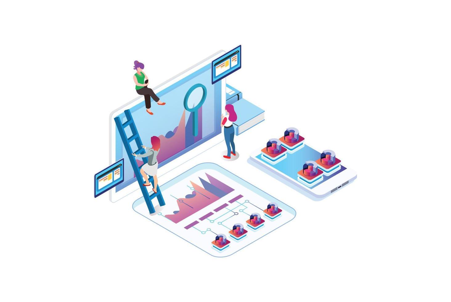 isometrico esperto squadra per dati analisi, attività commerciale statistica, gestione, consulenza, marketing. atterraggio pagina modello concetto. adatto per diagrammi, infografica, e altro risorsa vettore