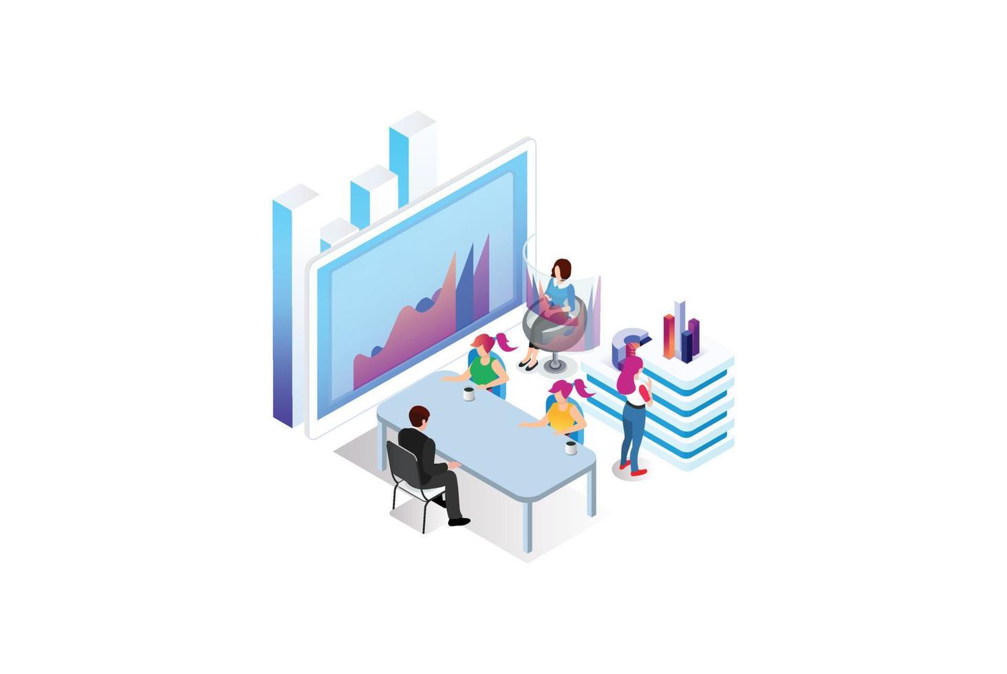 isometrico esperto squadra per dati analisi, attività commerciale statistica, gestione, consulenza, marketing. atterraggio pagina modello concetto. adatto per diagrammi, infografica, e altro risorsa vettore