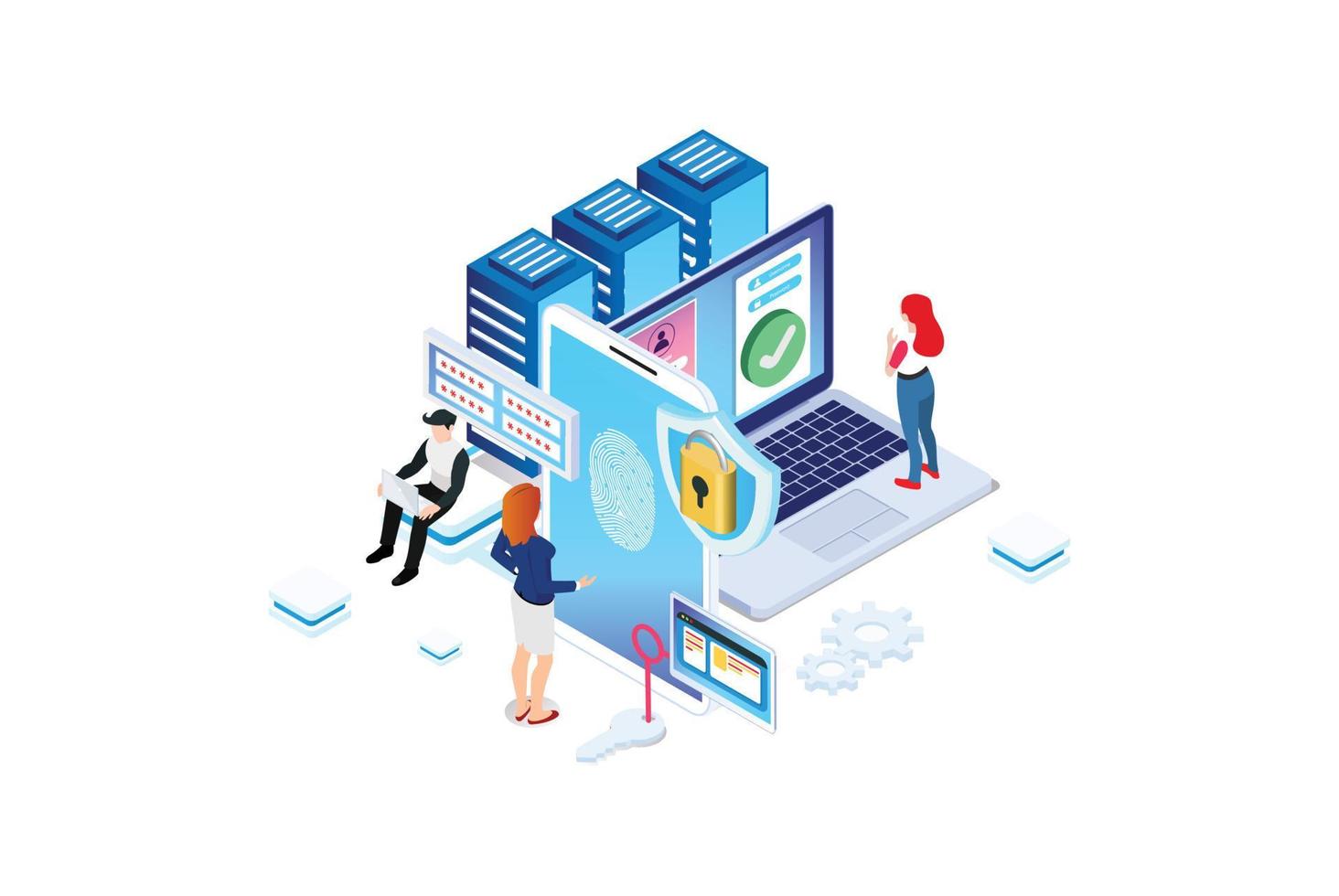 moderno isometrico in linea amministratore, ragnatela ospitando concetto. tecnico riparazione Software. hardware protezione Condividere infografica. memorizzare sicuro server. adatto per diagrammi, gioco bene, e altro risorsa vettore