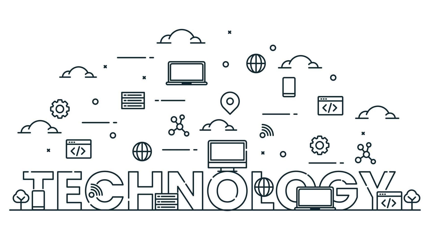 illustrazione della tecnologia delle parole con icone in stile linea vettore