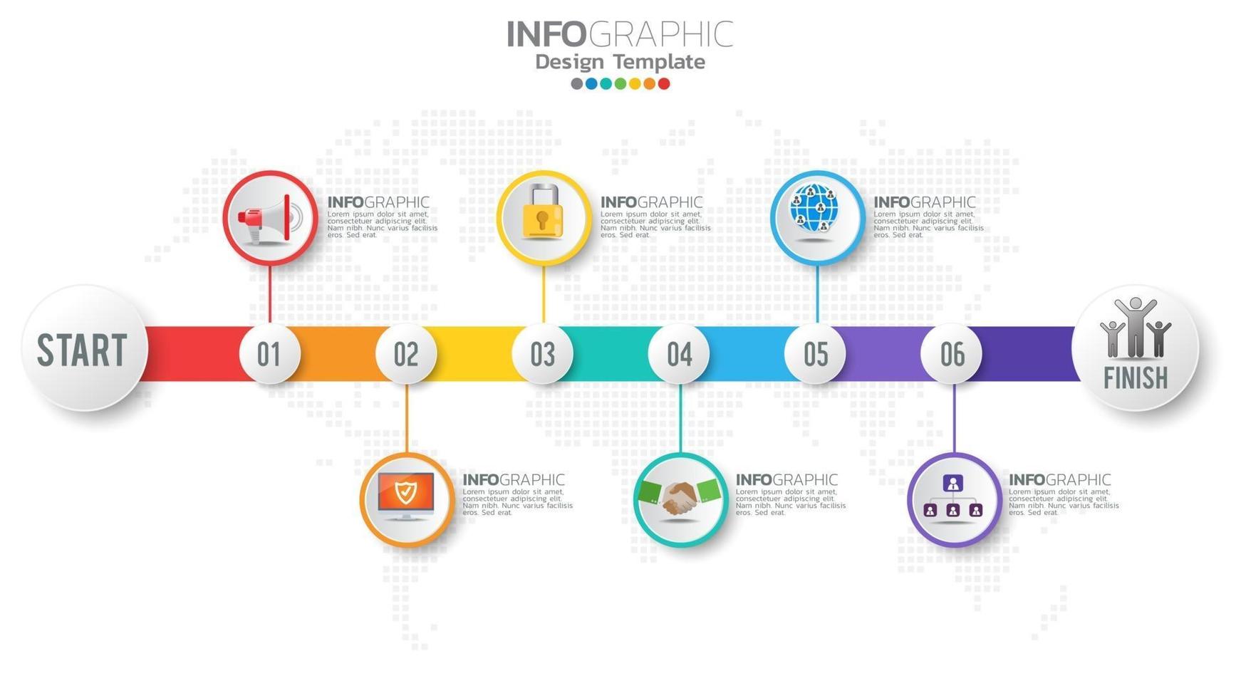 elemento di colore infograph 6 passaggi con freccia, diagramma grafico, concetto di marketing online aziendale. vettore